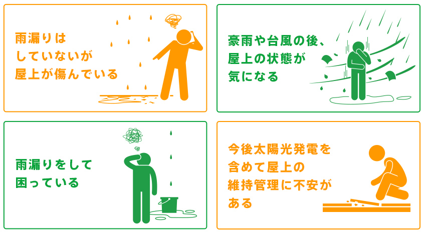 雨漏りはしてないが屋上が傷んでいる。豪雨や台風雨のあと、屋上の状態が気になる。雨漏りをして困っている。今後太陽光発電を含めて屋上の維持管理に不安がある。